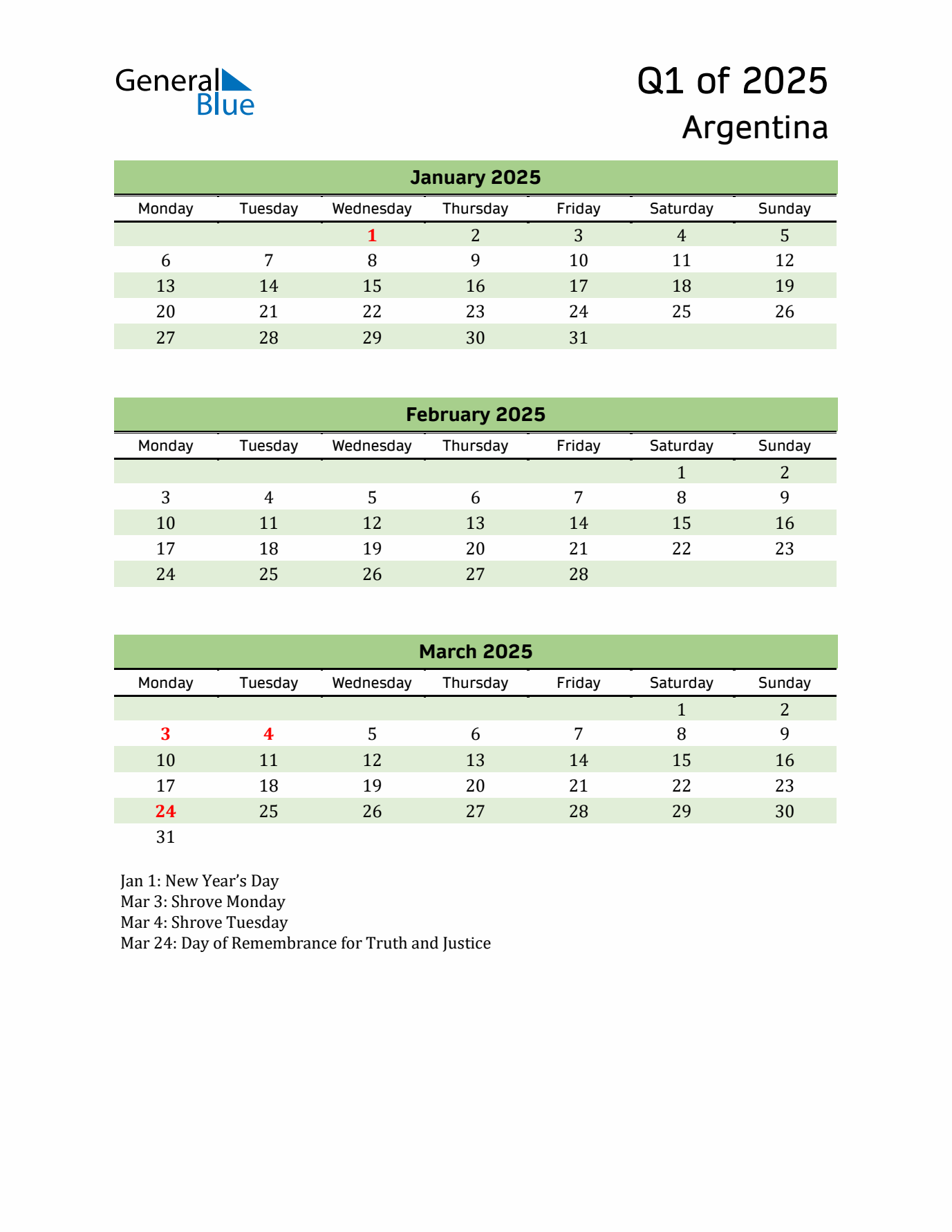 Quarterly Calendar 2025 with Argentina Holidays