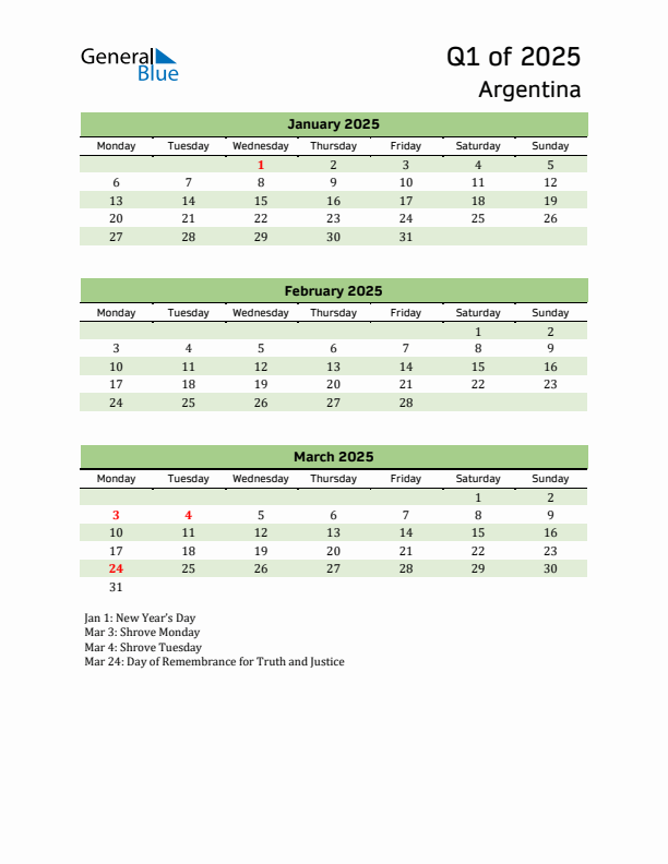 Quarterly Calendar 2025 with Argentina Holidays