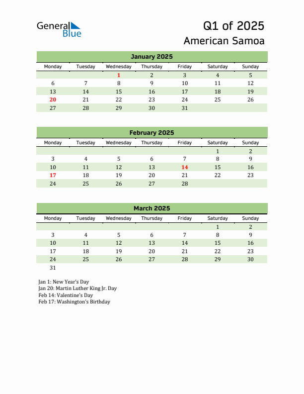 Quarterly Calendar 2025 with American Samoa Holidays