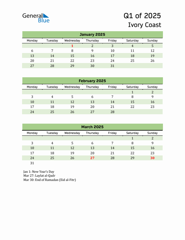 Quarterly Calendar 2025 with Ivory Coast Holidays