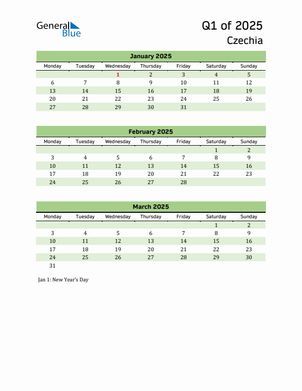 Quarterly Calendar 2025 with Czechia Holidays