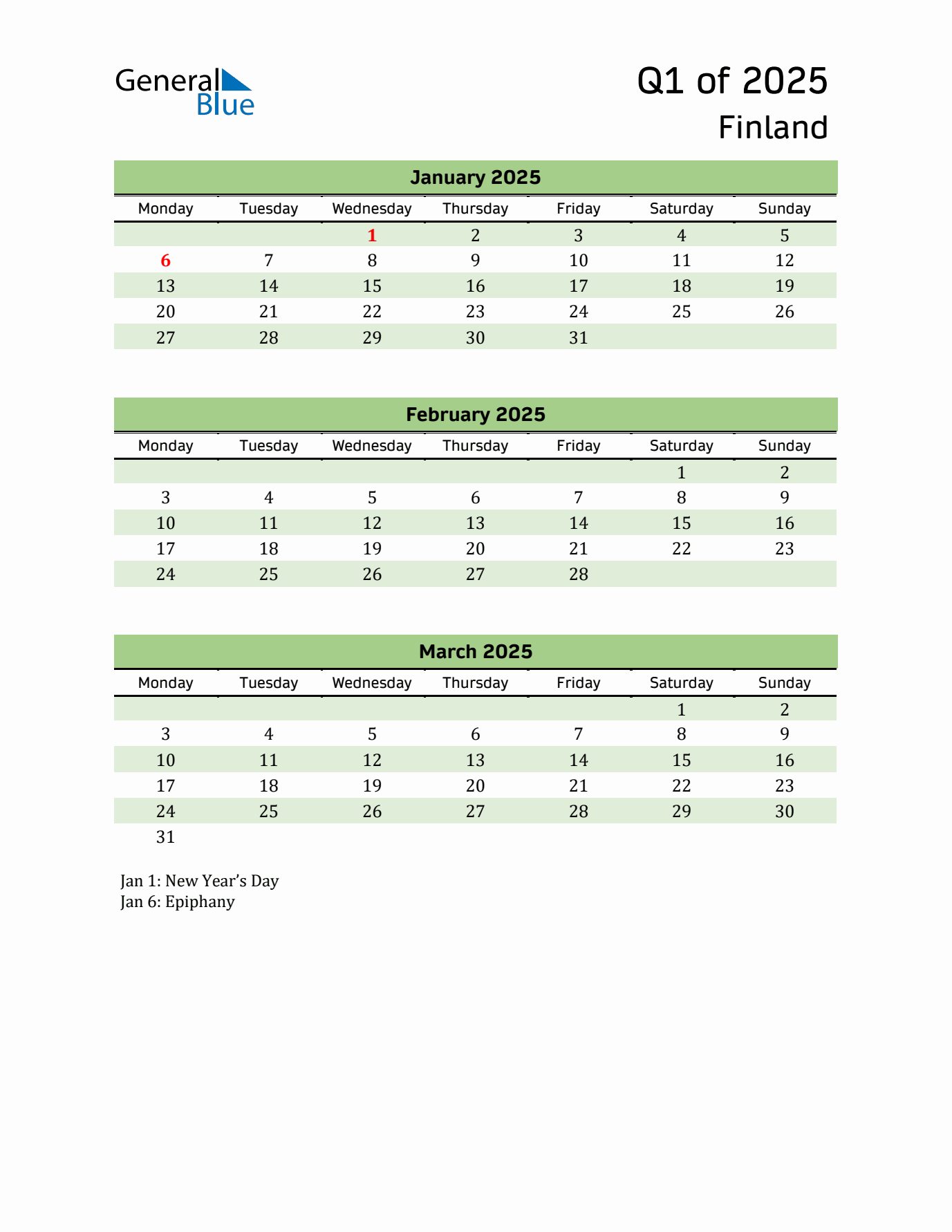 Quarterly Calendar 2025 with Finland Holidays