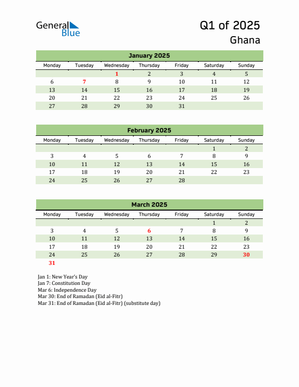 Quarterly Calendar 2025 with Ghana Holidays