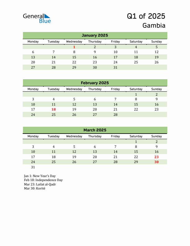 Quarterly Calendar 2025 with Gambia Holidays