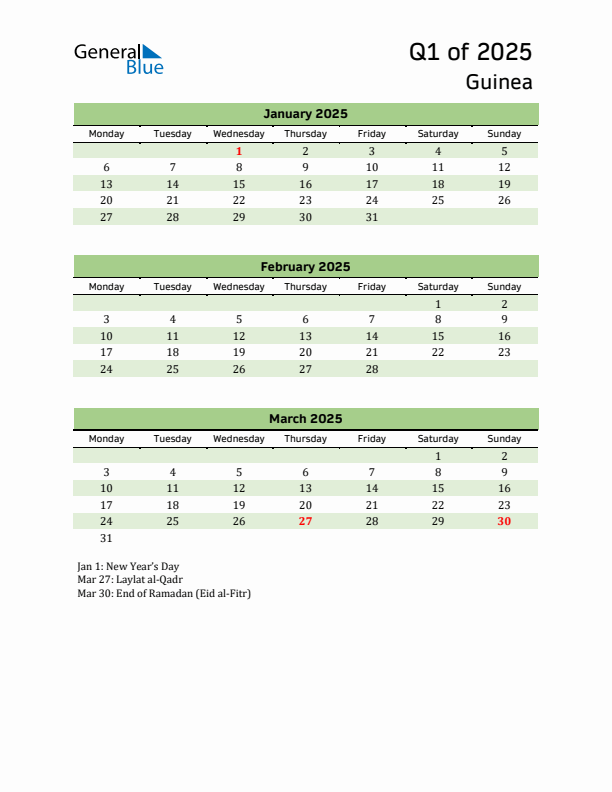 Quarterly Calendar 2025 with Guinea Holidays