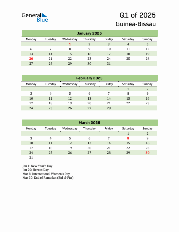 Quarterly Calendar 2025 with Guinea-Bissau Holidays