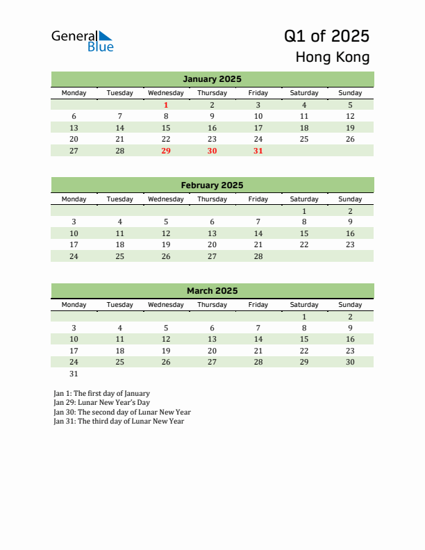 Quarterly Calendar 2025 with Hong Kong Holidays