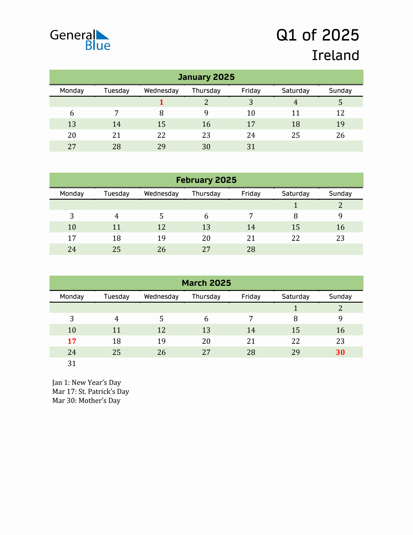 Quarterly Calendar 2025 with Ireland Holidays