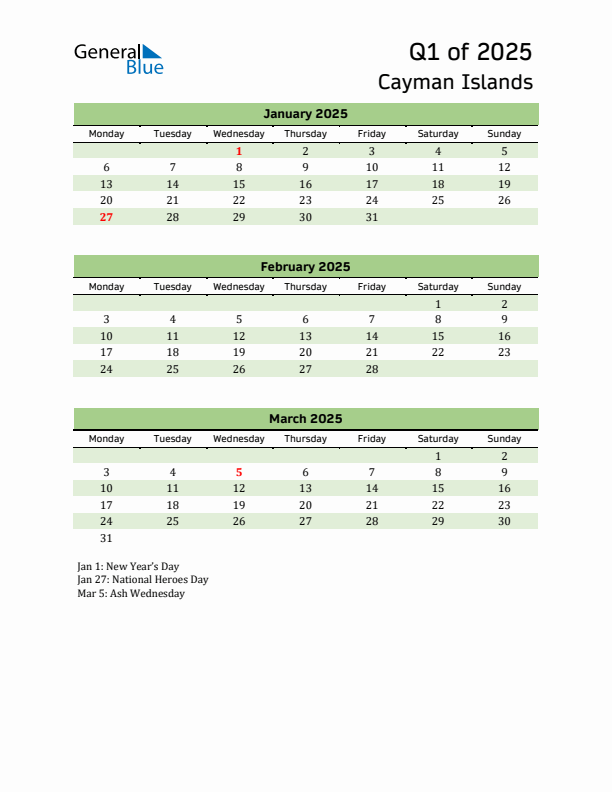 Quarterly Calendar 2025 with Cayman Islands Holidays