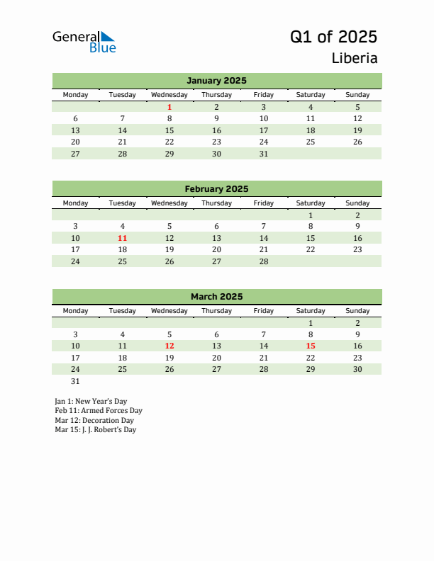 Quarterly Calendar 2025 with Liberia Holidays