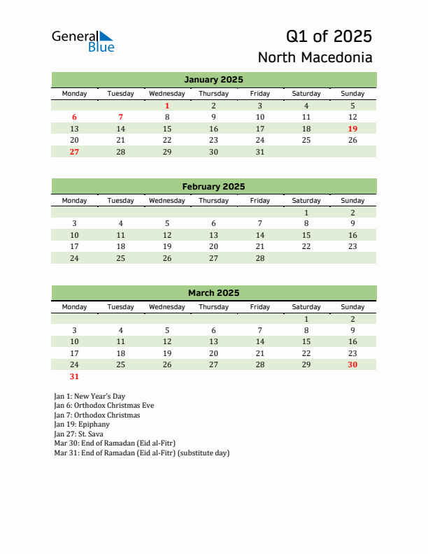 Quarterly Calendar 2025 with North Macedonia Holidays