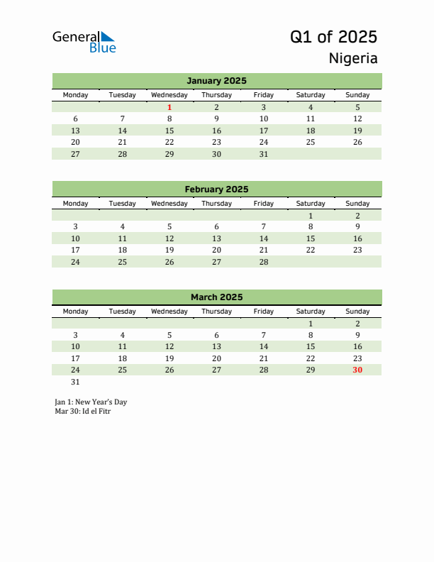 Quarterly Calendar 2025 with Nigeria Holidays
