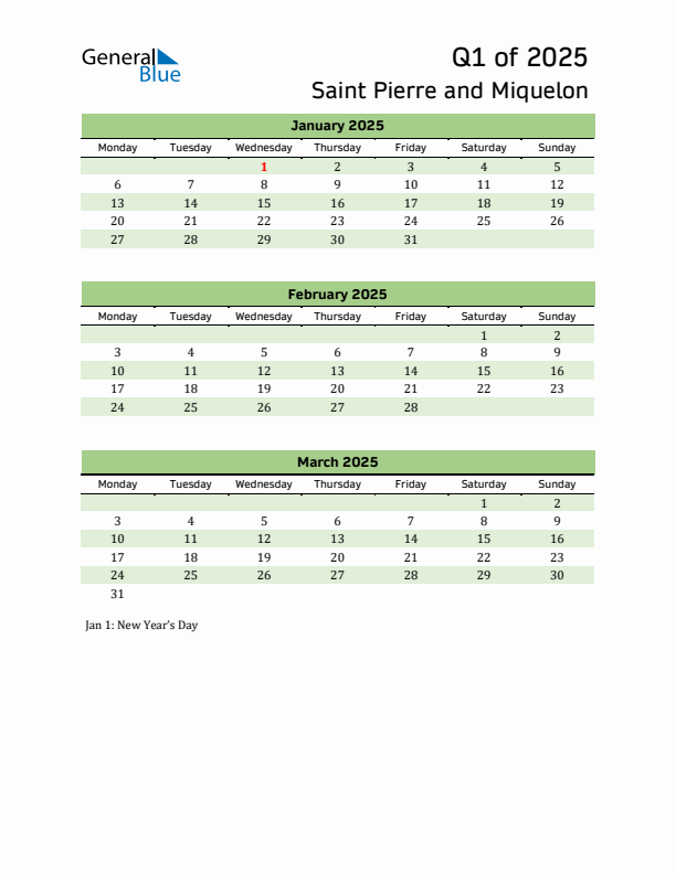 Quarterly Calendar 2025 with Saint Pierre and Miquelon Holidays