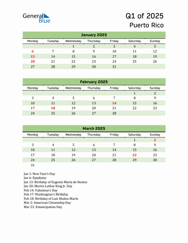 Quarterly Calendar 2025 with Puerto Rico Holidays