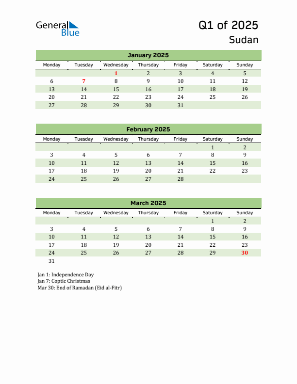 Quarterly Calendar 2025 with Sudan Holidays