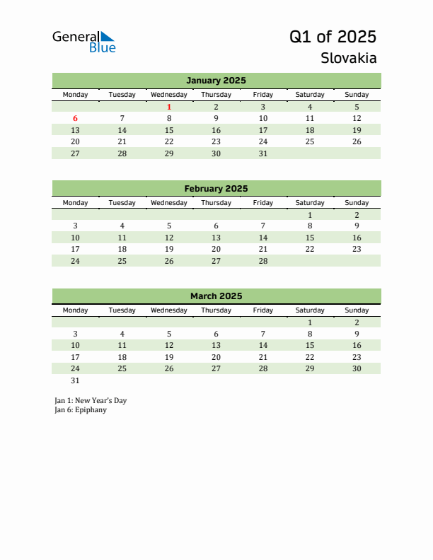 Quarterly Calendar 2025 with Slovakia Holidays