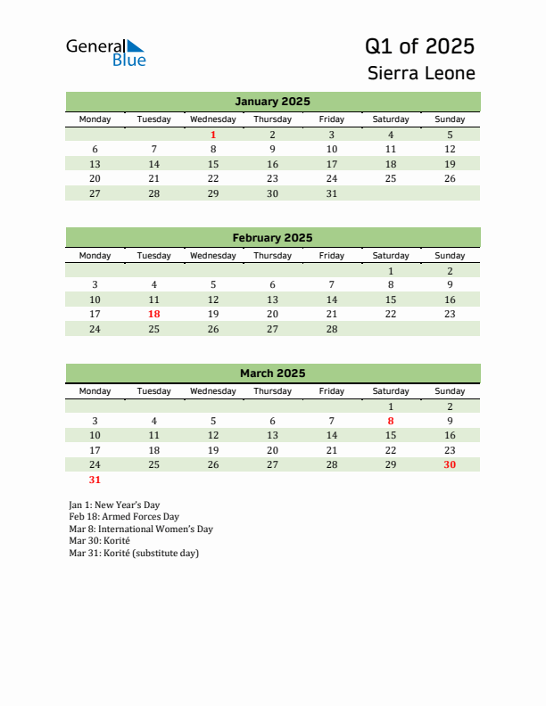Quarterly Calendar 2025 with Sierra Leone Holidays