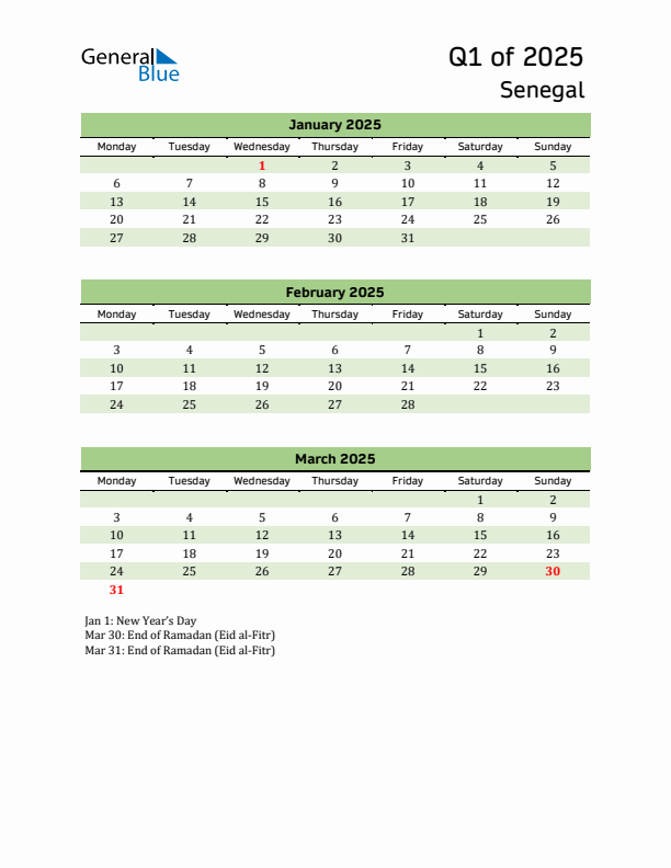 Quarterly Calendar 2025 with Senegal Holidays