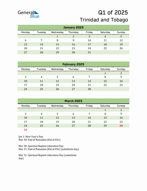 Quarterly Calendar 2025 with Trinidad and Tobago Holidays