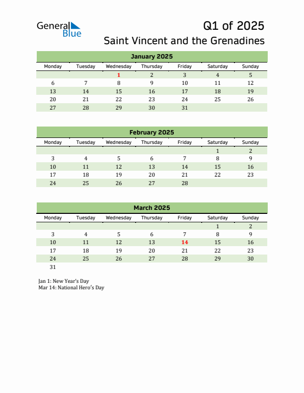 Quarterly Calendar 2025 with Saint Vincent and the Grenadines Holidays