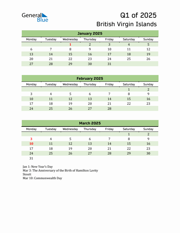 Quarterly Calendar 2025 with British Virgin Islands Holidays