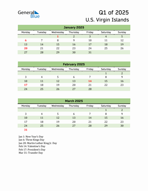 Quarterly Calendar 2025 with U.S. Virgin Islands Holidays