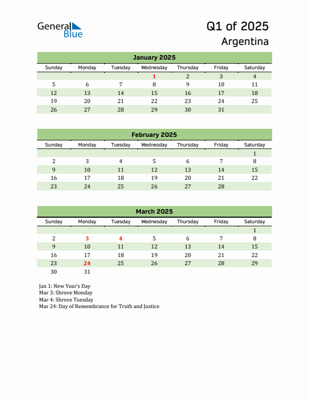Quarterly Calendar 2025 with Argentina Holidays
