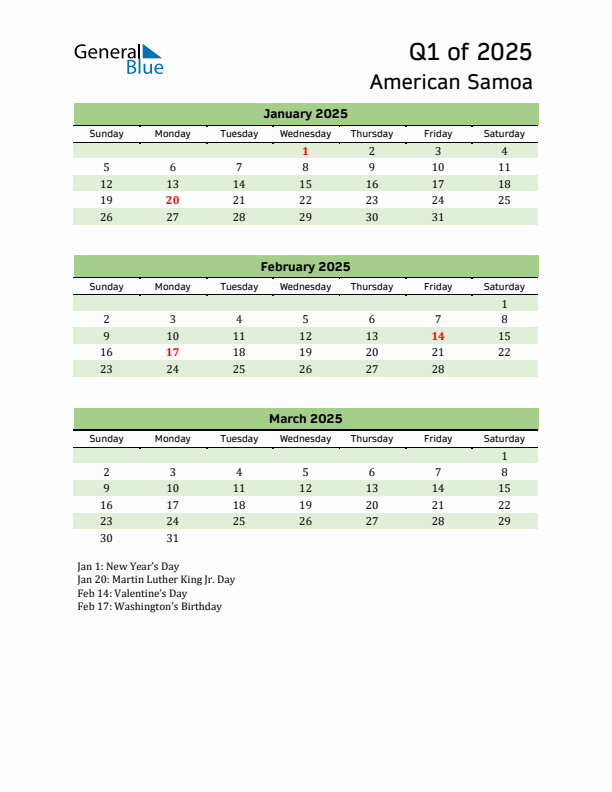 Quarterly Calendar 2025 with American Samoa Holidays