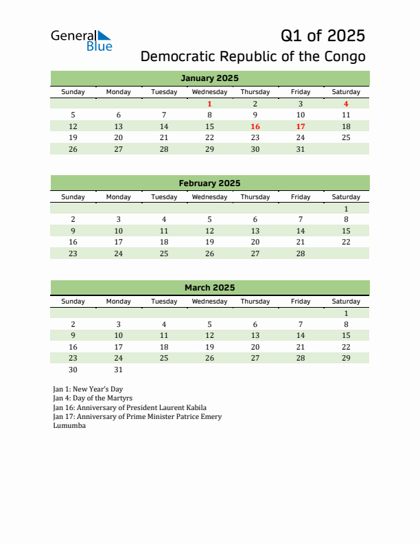 Quarterly Calendar 2025 with Democratic Republic of the Congo Holidays