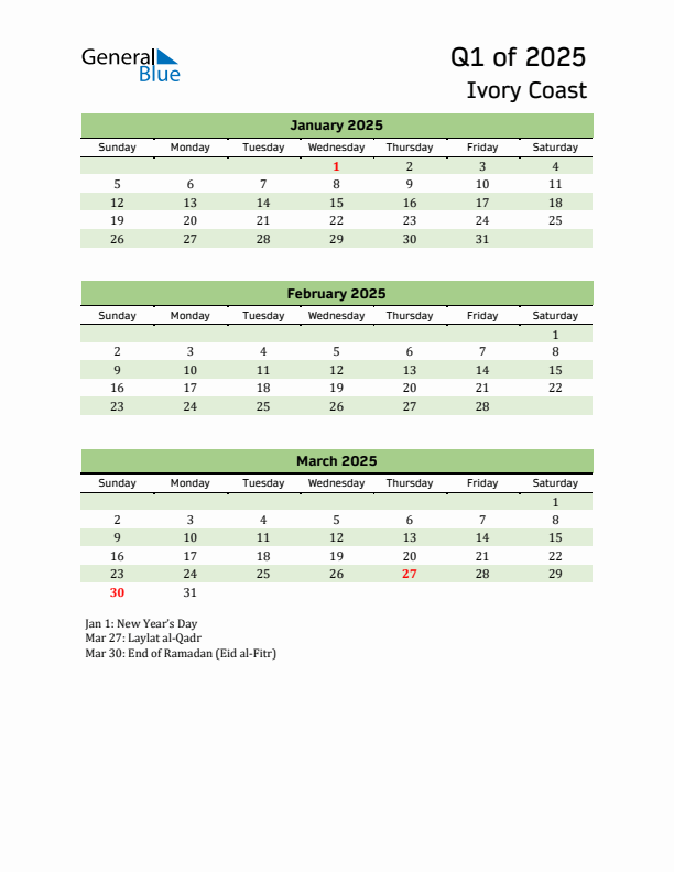 Quarterly Calendar 2025 with Ivory Coast Holidays