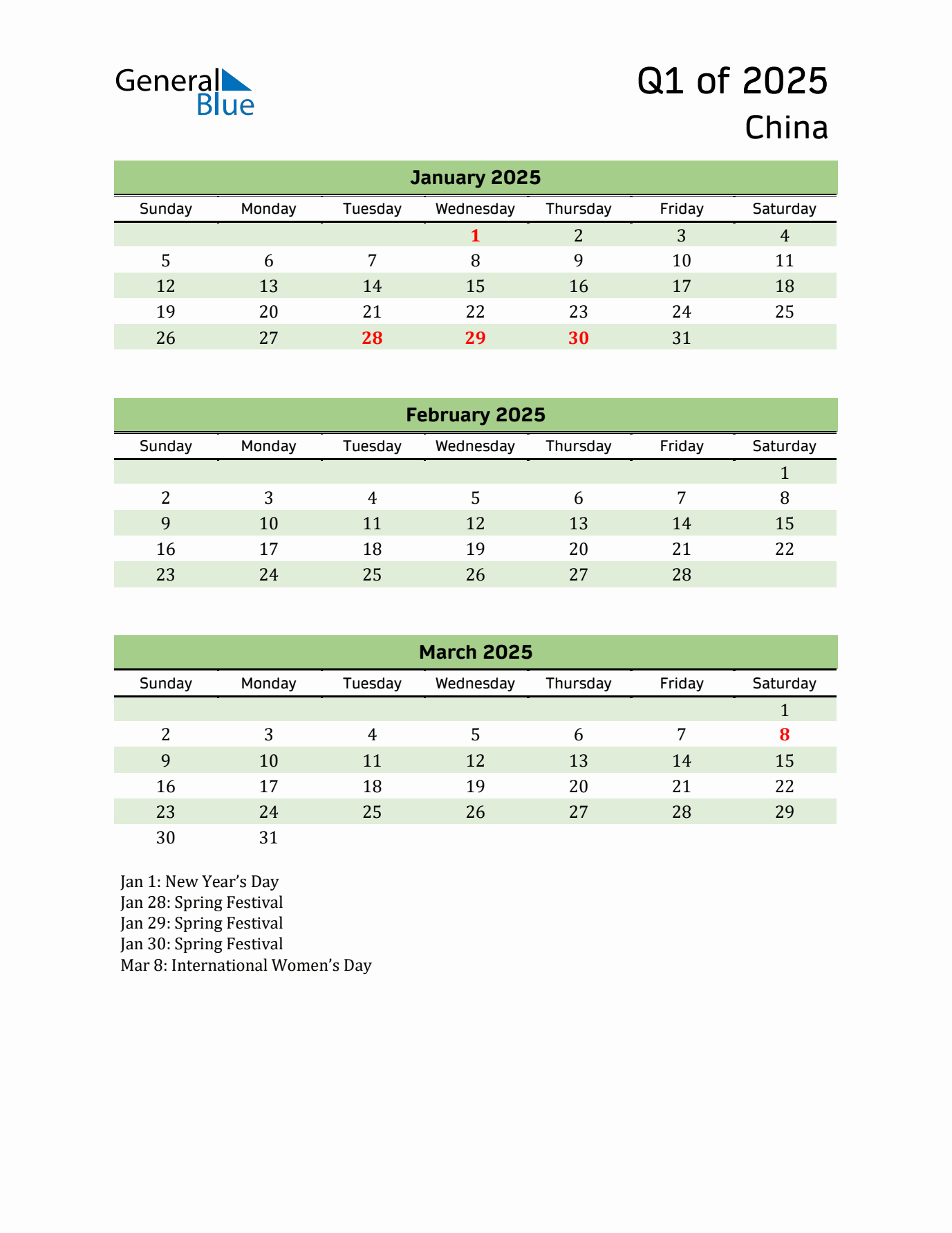 Quarterly Calendar 2025 with China Holidays