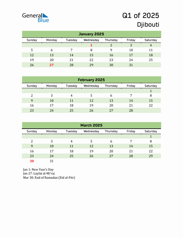 Quarterly Calendar 2025 with Djibouti Holidays