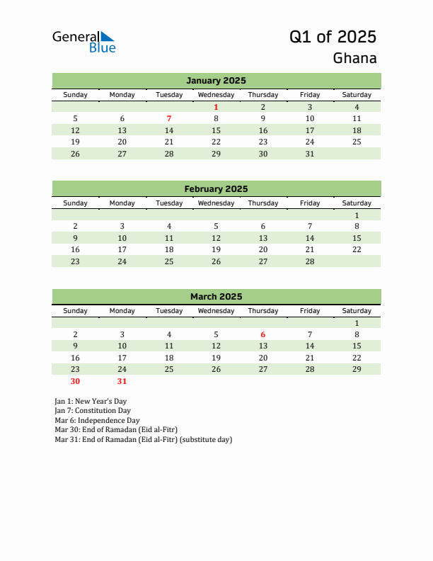 Quarterly Calendar 2025 with Ghana Holidays