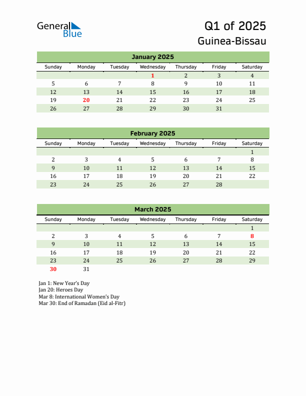 Quarterly Calendar 2025 with Guinea-Bissau Holidays