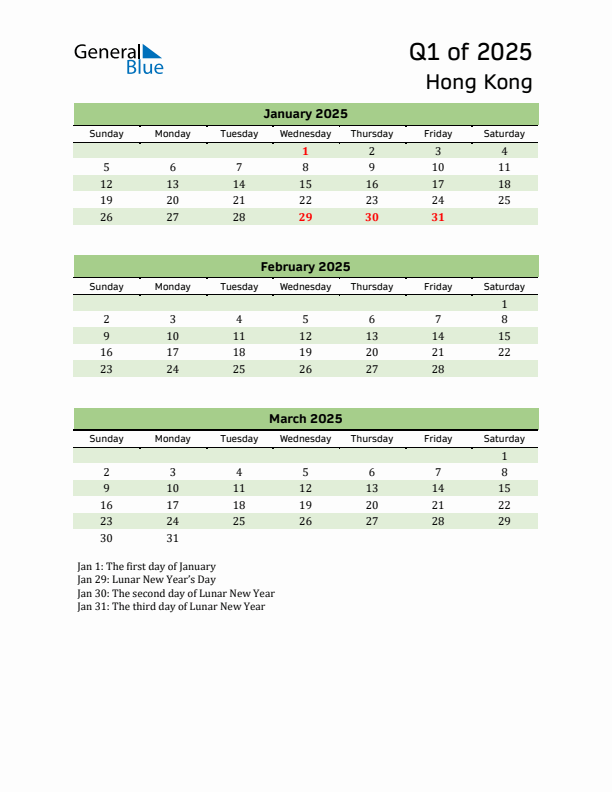 Quarterly Calendar 2025 with Hong Kong Holidays