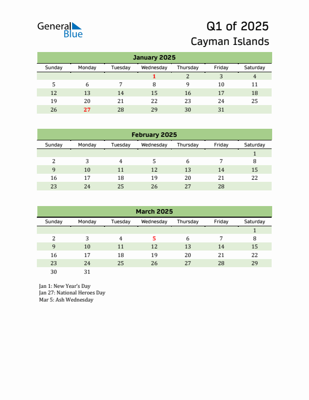 Quarterly Calendar 2025 with Cayman Islands Holidays