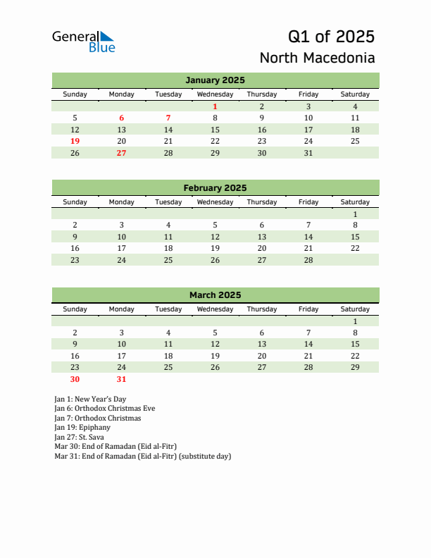 Quarterly Calendar 2025 with North Macedonia Holidays