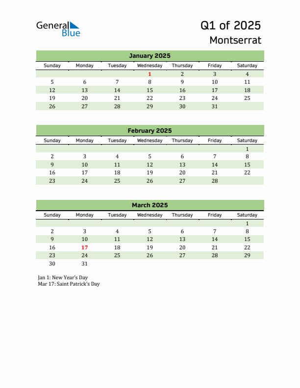 Quarterly Calendar 2025 with Montserrat Holidays