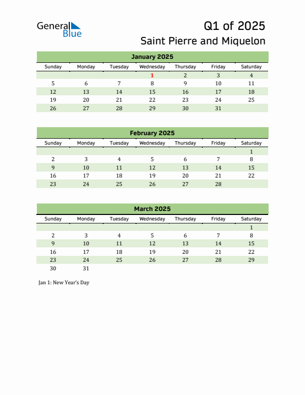 Quarterly Calendar 2025 with Saint Pierre and Miquelon Holidays