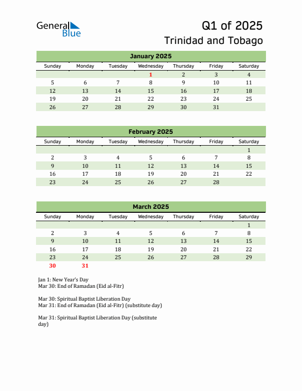 Quarterly Calendar 2025 with Trinidad and Tobago Holidays
