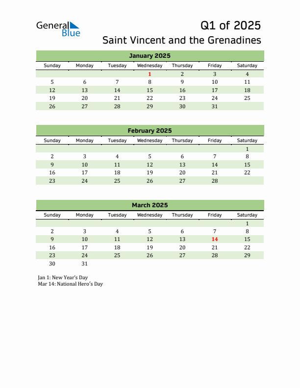 Quarterly Calendar 2025 with Saint Vincent and the Grenadines Holidays