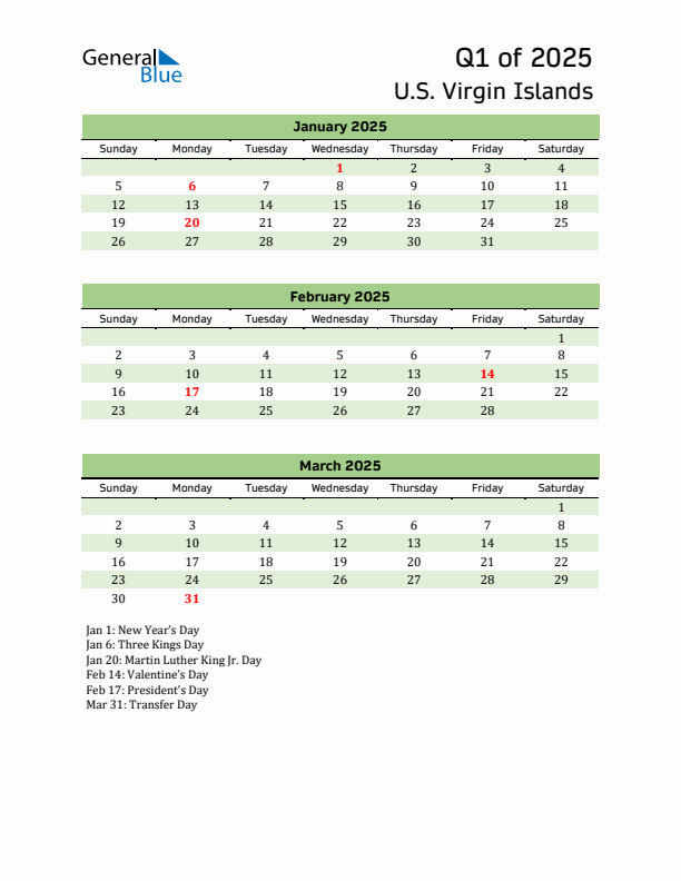 Quarterly Calendar 2025 with U.S. Virgin Islands Holidays