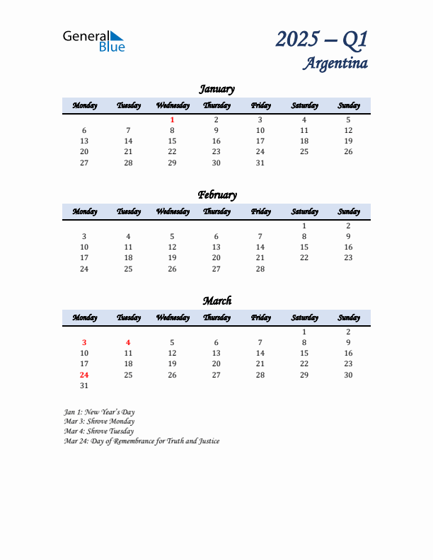 January, February, and March Calendar for Argentina with Monday Start