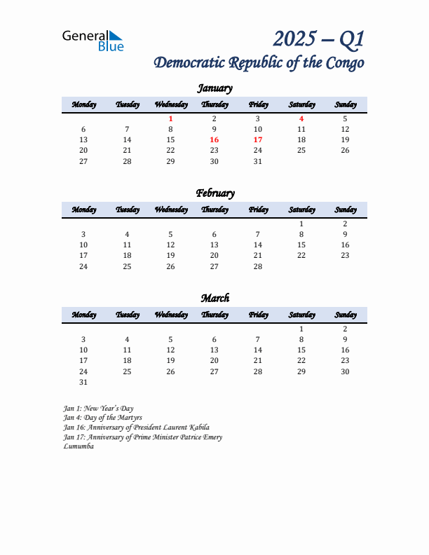 January, February, and March Calendar for Democratic Republic of the Congo with Monday Start