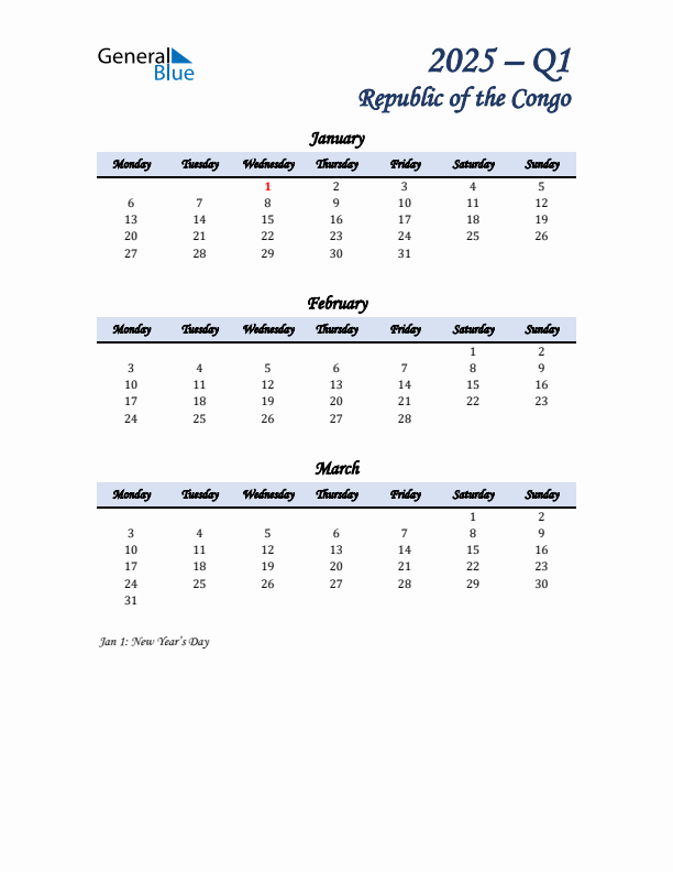 January, February, and March Calendar for Republic of the Congo with Monday Start