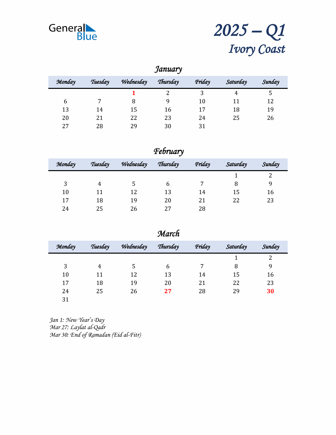 January, February, and March Calendar for Ivory Coast with Monday Start