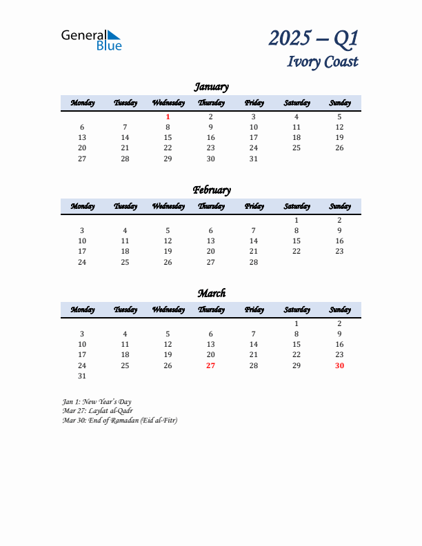 January, February, and March Calendar for Ivory Coast with Monday Start