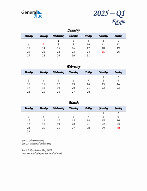January, February, and March Calendar for Egypt with Monday Start