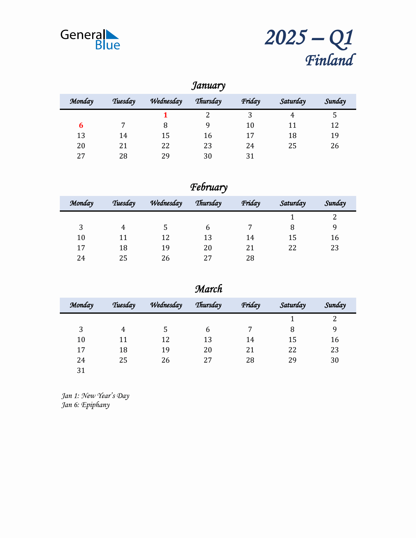 January, February, and March Calendar for Finland with Monday Start