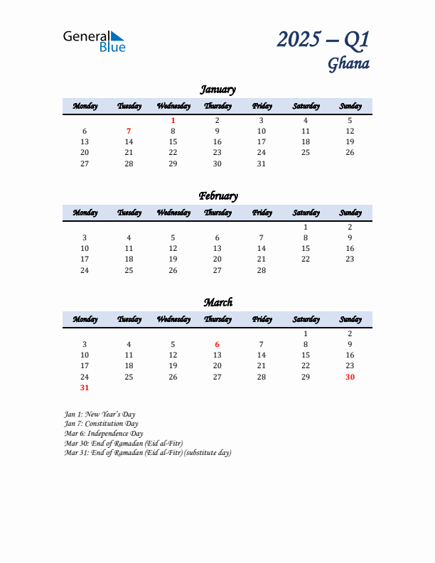 January, February, and March Calendar for Ghana with Monday Start